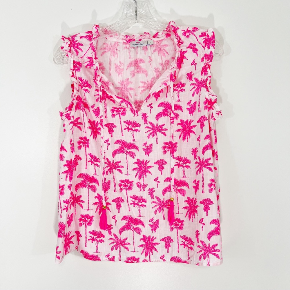 Vineyard Vines Palms & Plumeria Ruffle Popover Tank in Knockout Pink Size Small